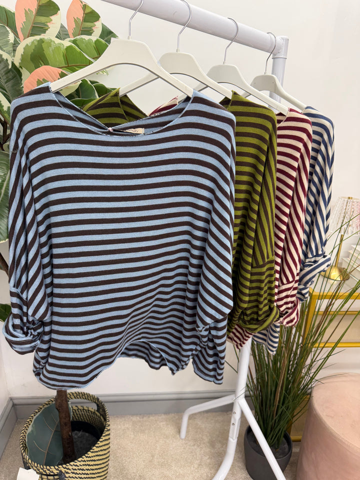 Ladies Fashion Soft Knit Stripe Top - Chocolate, Lime, Blue & Burgundy
