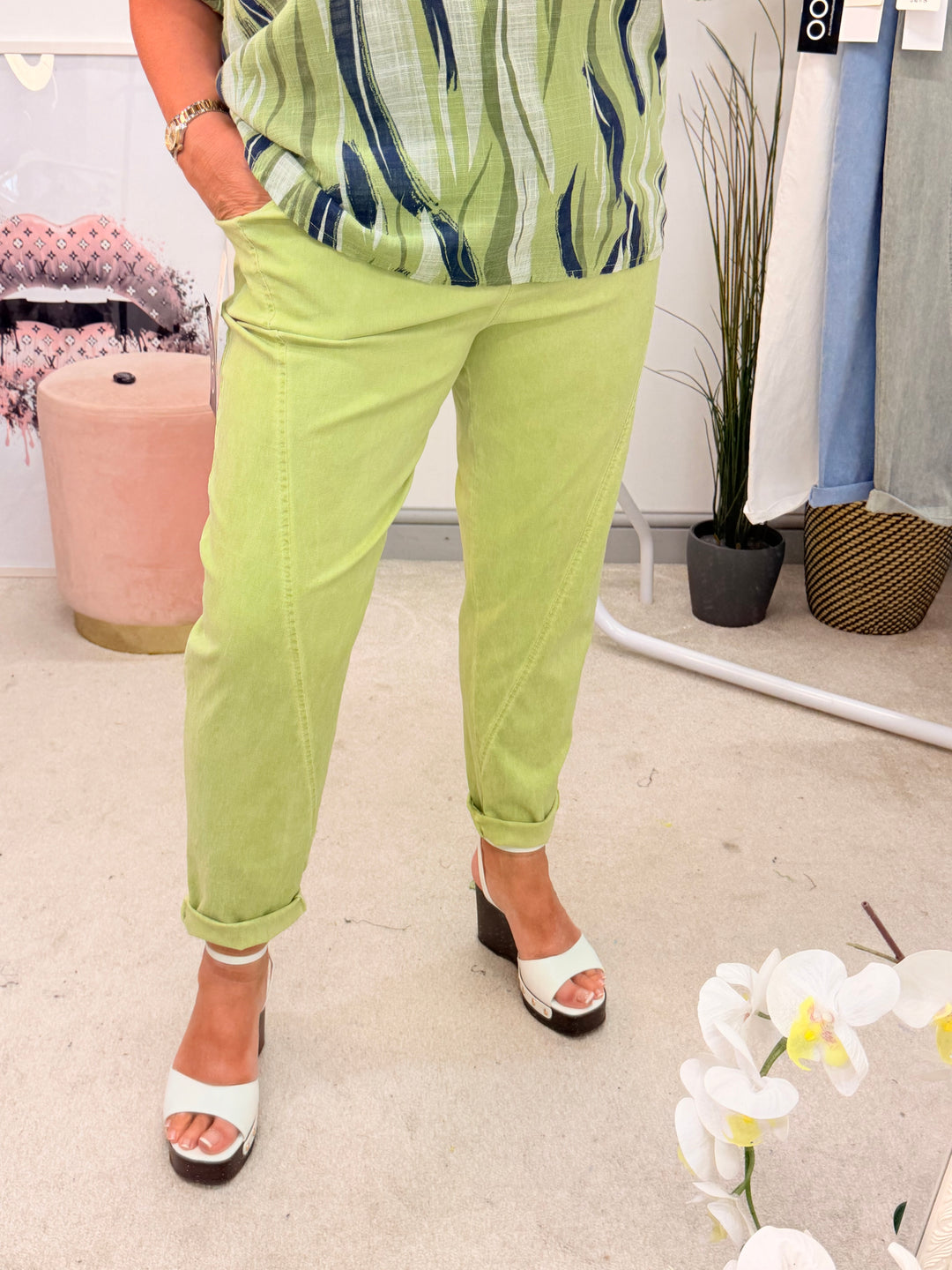 Ladies Fashion Stretch Balloon Leg Magic Trousers - White, Khaki, Denim & Lime
