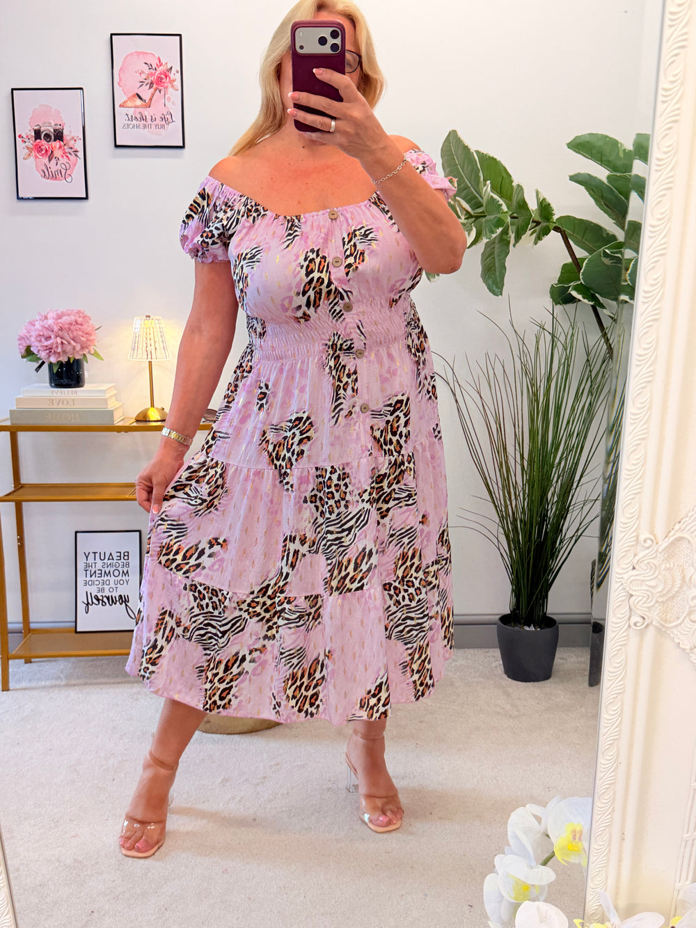 Ladies Animal Print Magic Bardot Midi Dress - Pink, Blue, Beige