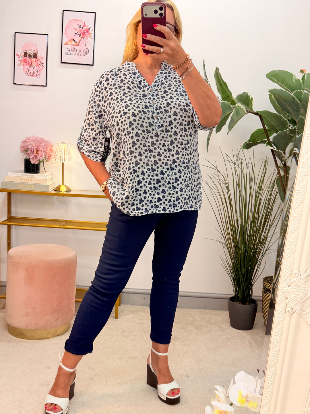 Ladies Fashion White & Navy Daisy Print Linen Grandad Shirt Top