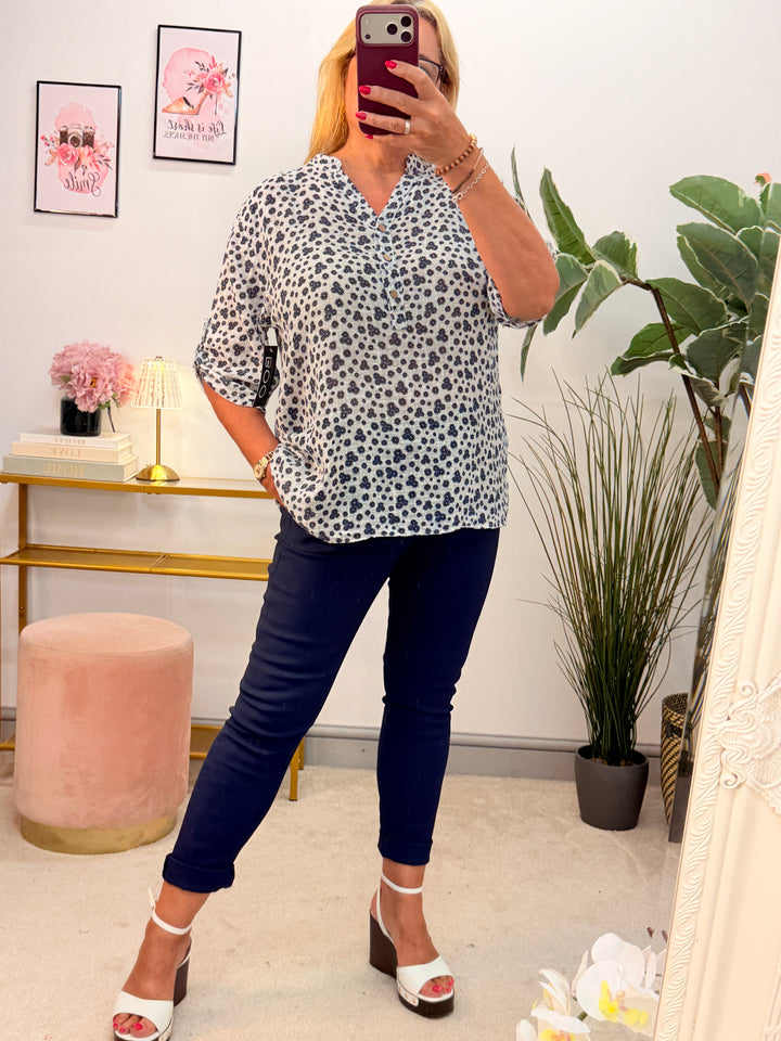Ladies Fashion White & Navy Daisy Print Linen Grandad Shirt Top