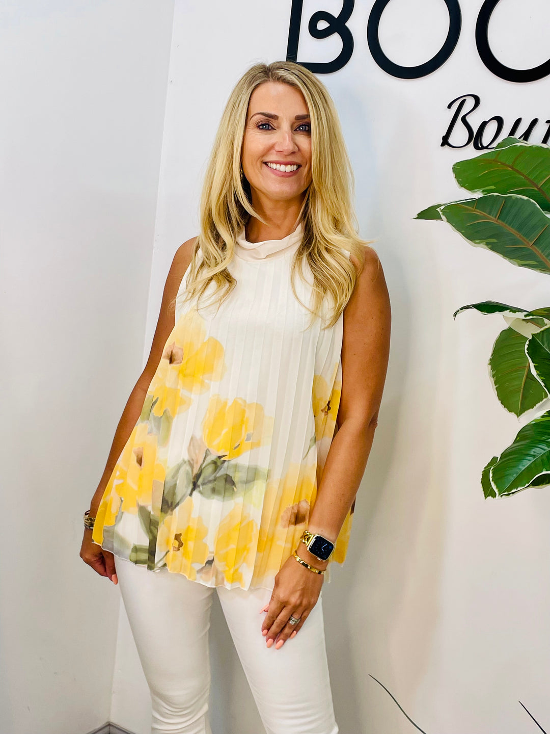 LADIES PLEATED FLOWER PRINT CHIFFON TOP - BLACK, KHAKI, LEMON, PINK & NAVY