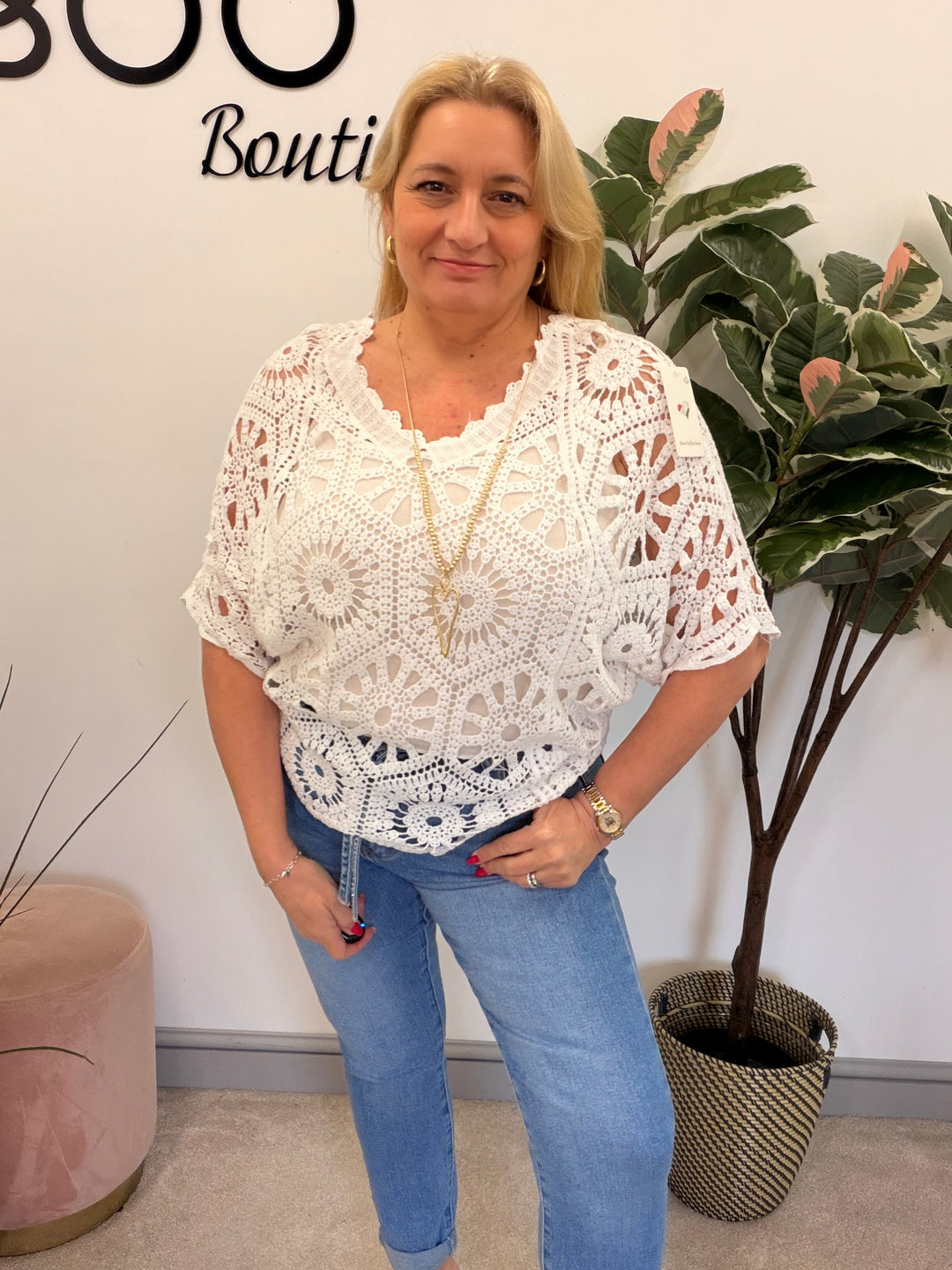 Ladies Fashion Crochet Open Knit Top white