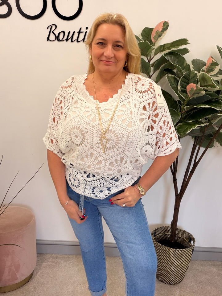 Ladies Fashion Crochet Open Knit Top white