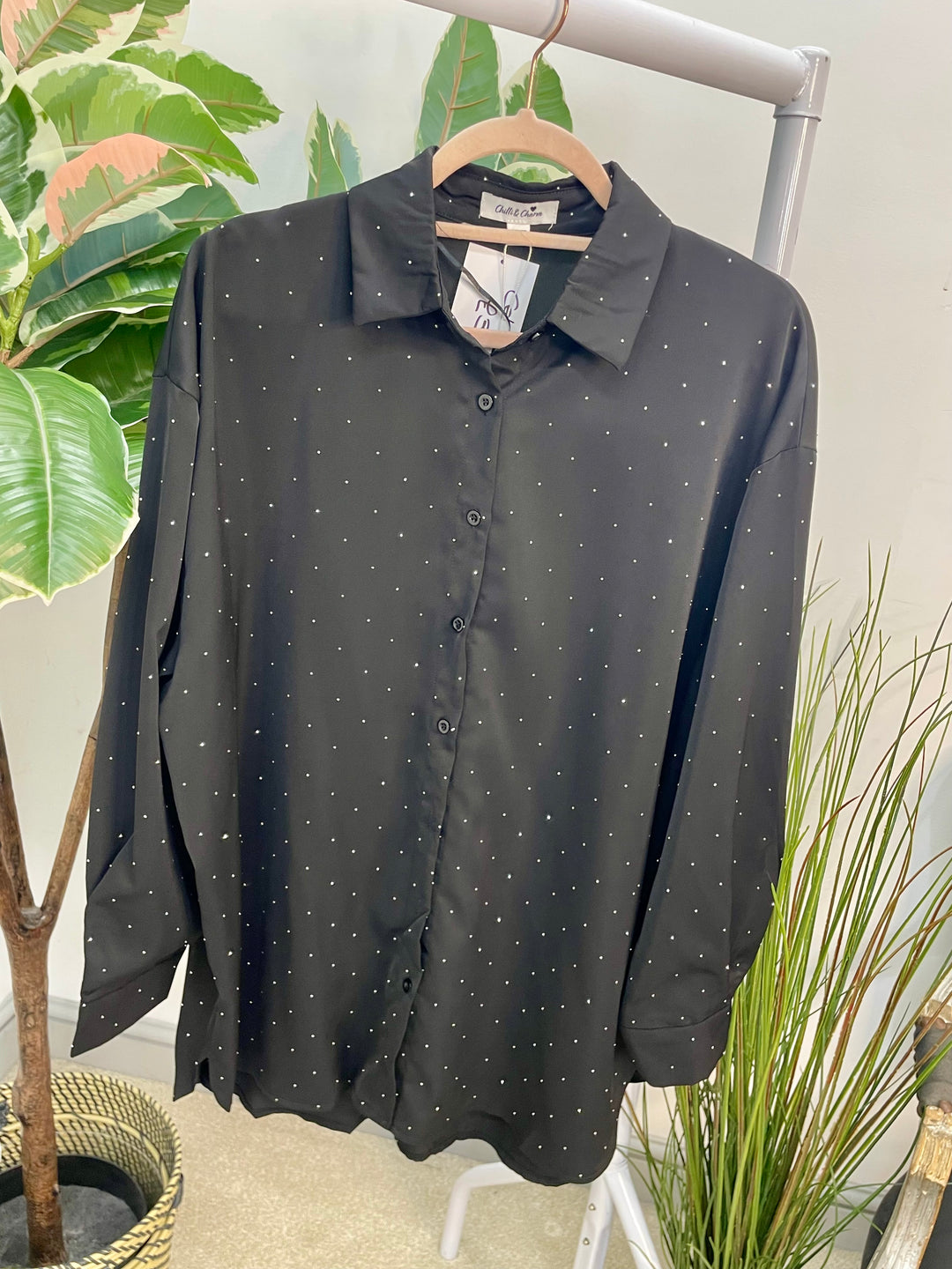 LADIES BLACK LOOSE FIT SPARKLY STUD SHIRT BLOUSE