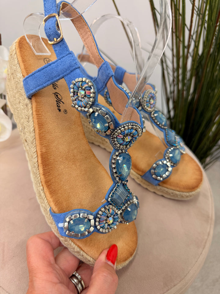 Ladies Fashion Denim Blue Jewelled Mid Wedge Heel Sandals