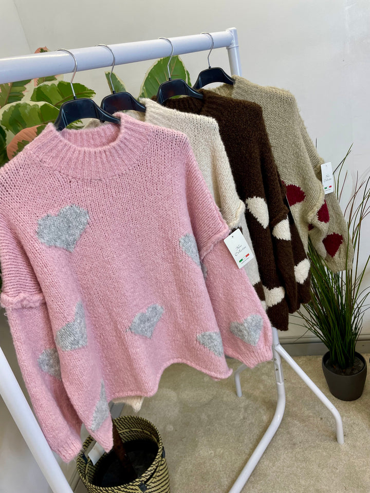 LADIES CHUNKY KNIT HEART JUMPER - MOCHA, BEIGE, BROWN & PINK