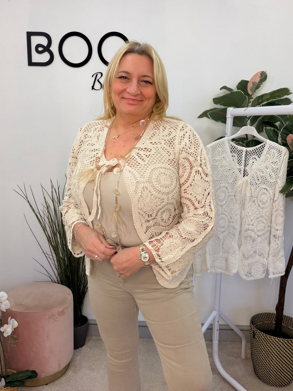 Ladies Fashion Boho Crochet Shrug Cardigan - beige and white