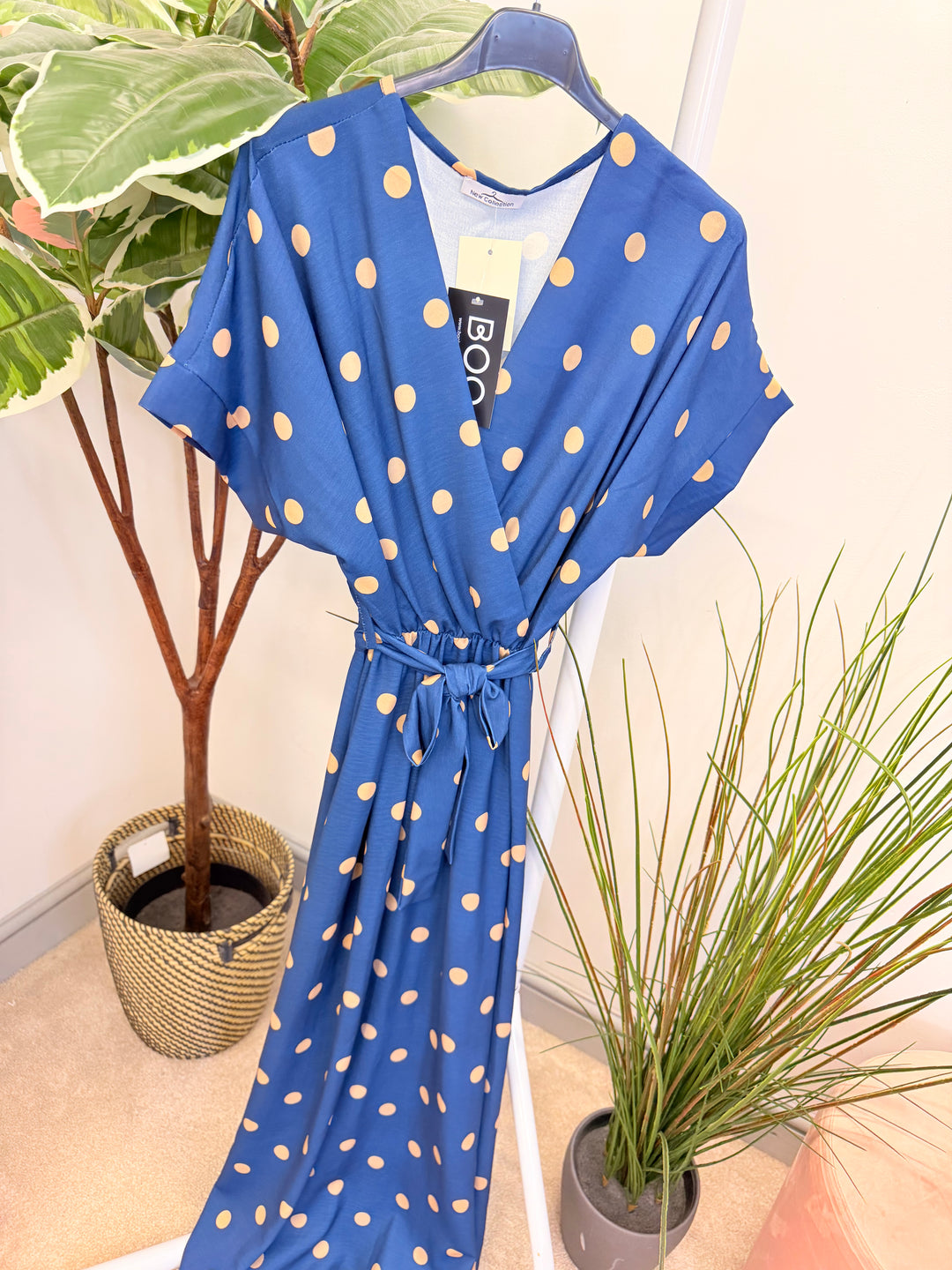 Ladies Polka Dot Wrap Midi Dress - Navy, Cream, Pink, Lemon & Pale Blue