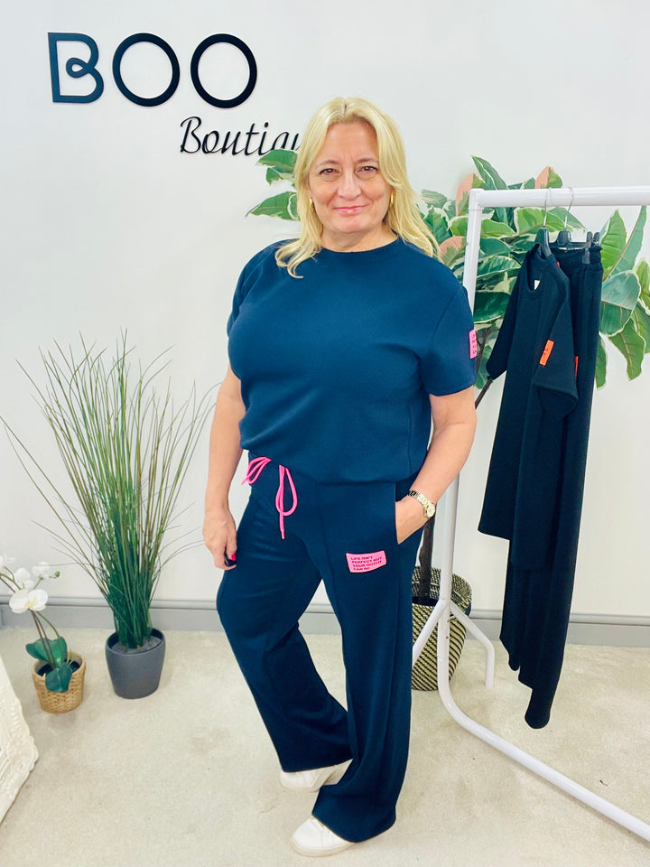 LADIES STRAIGHT LEG TROUSER TRAVELLING CO ORD SET - BLACK AND NAVY