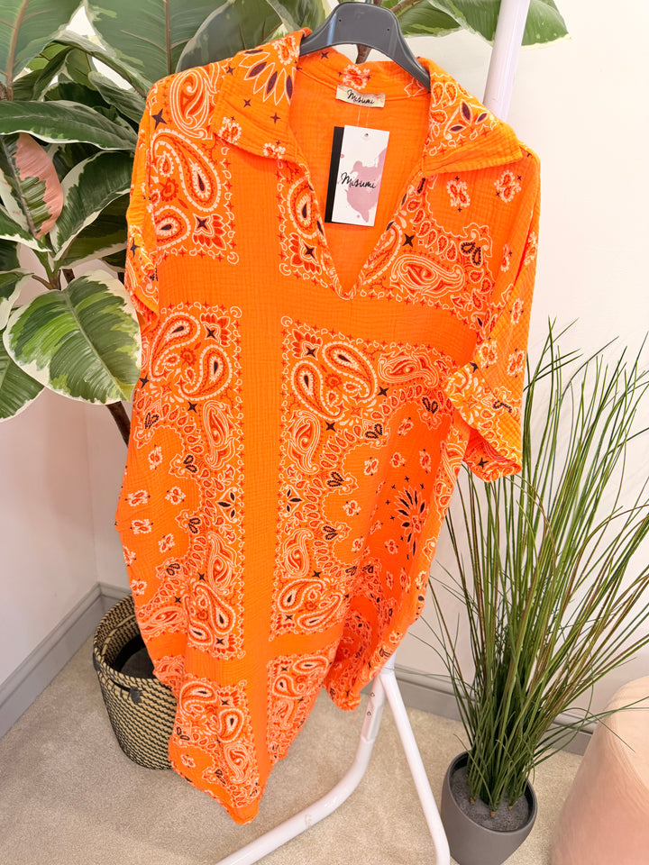 Ladies Cheesecloth Bandana Print Shift Summer Dress - Pink, White, Navy, Lemon & Orange