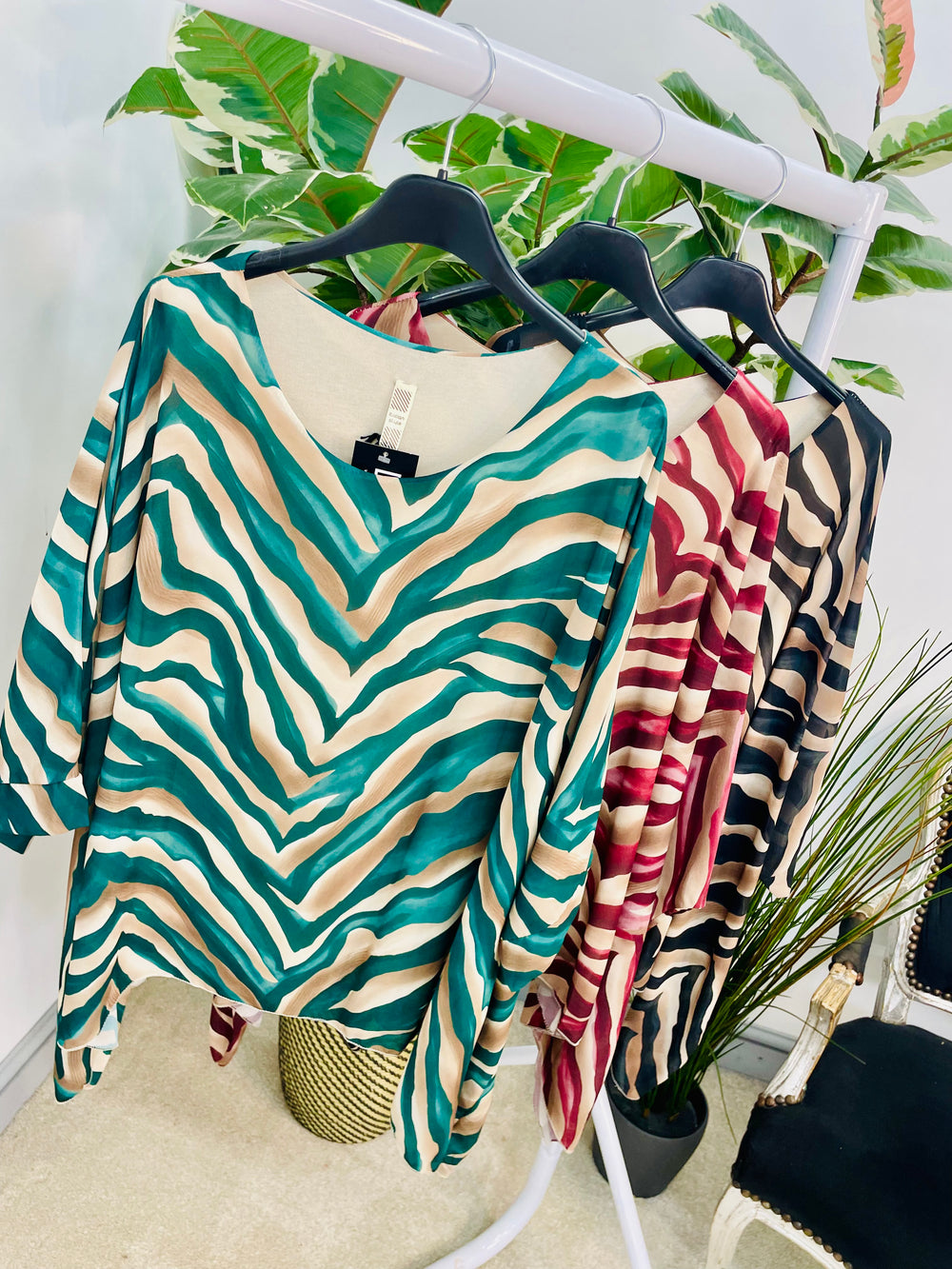 LADIES ZEBRA PRINT CHIFFON FLOATY TOP BLOUSE - GREEN, BLACK & BURGUNDY