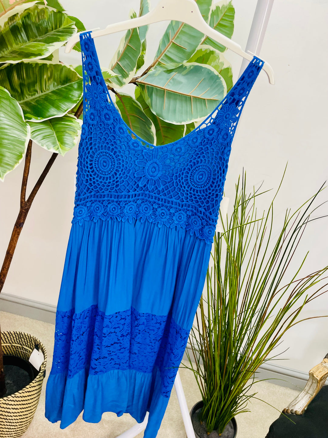 LADIES CROCHET LACE SUMMER MIDI DRESS - WHITE, ROYAL BLUE, FUSCHIA PINK & GREEN