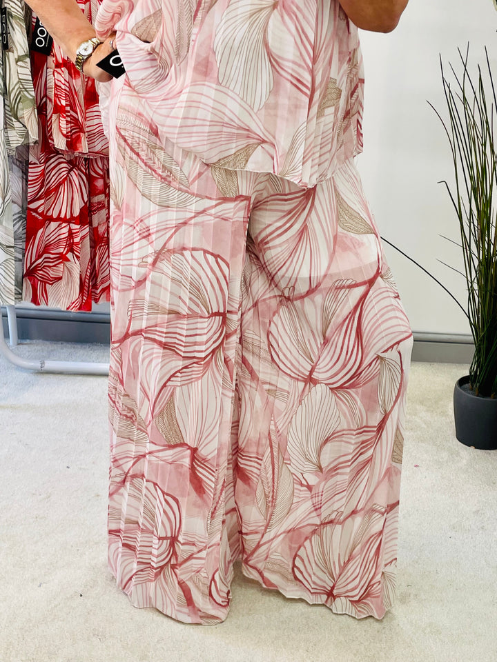 LADIES WOMENS PLEATED CHIFFON WIDE LEG TROUSER - RED, KHAKI, PINK