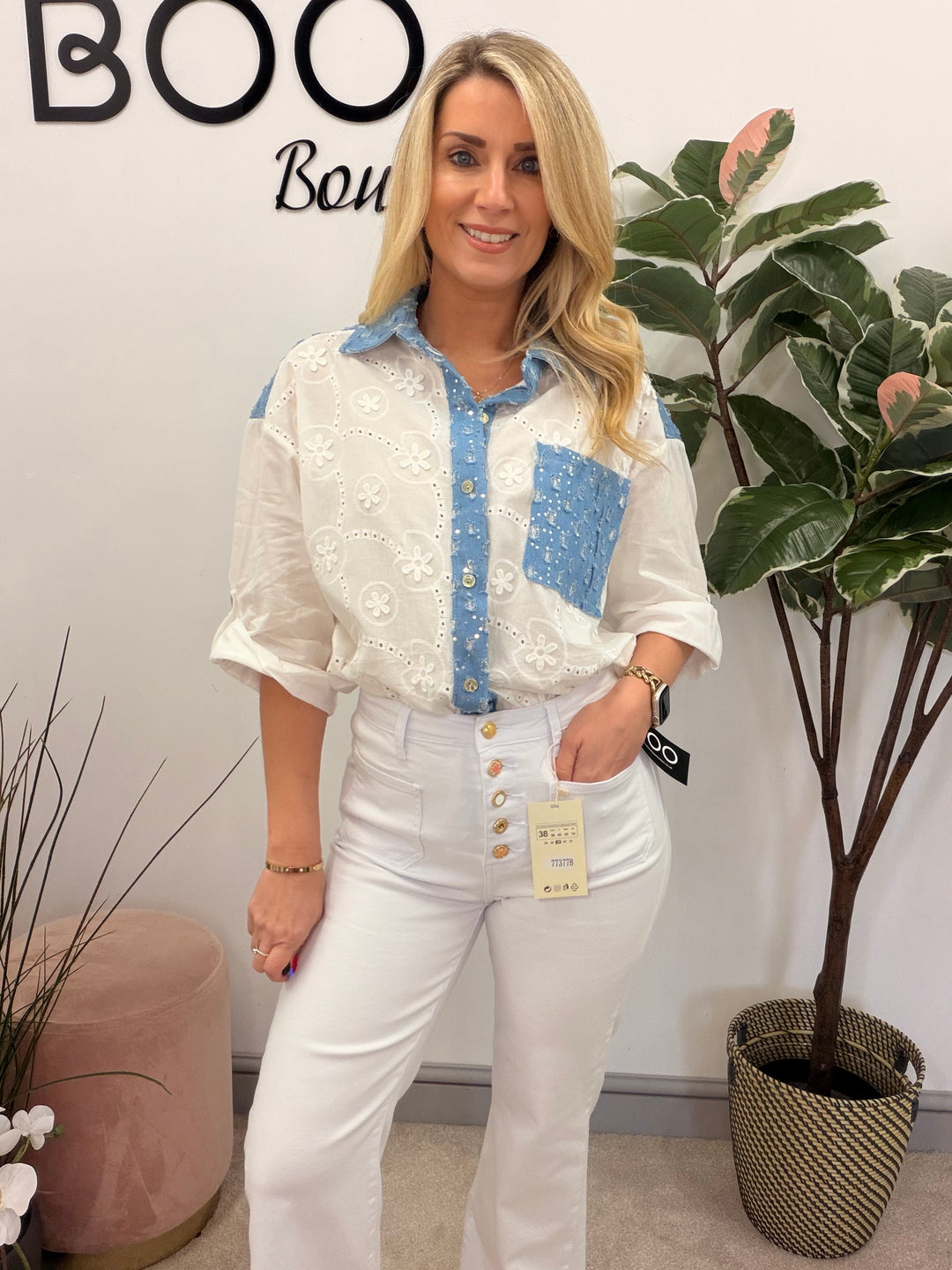 Ladies Fashion White Broderie Anglaise Shirt Blouse