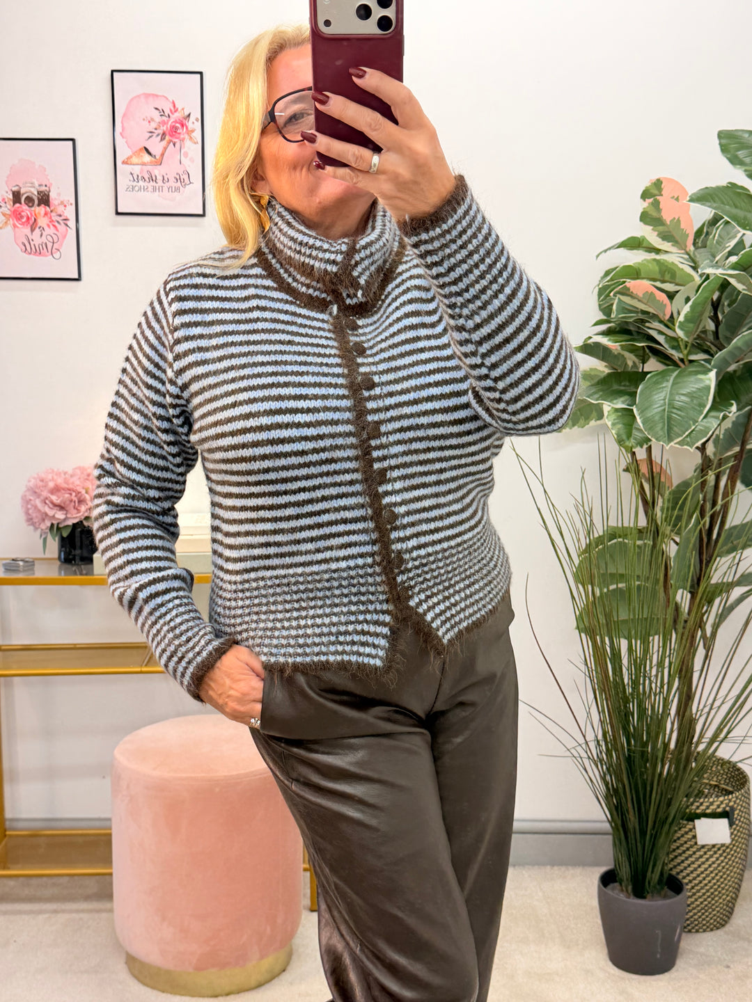 Womens Soft Knit Blue Brown Stripe High Neck Cardigan Jumper