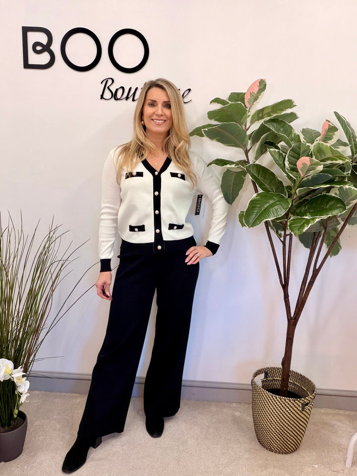 LADIES FASHION BLACK & WHITE MONOCHOME WIDE LEG TROUSER CO ORD SET