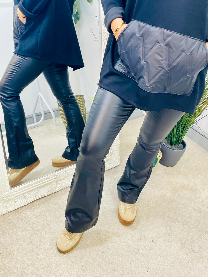 LADIES BLACK WAXY SHINY KICK FLARE JEANS