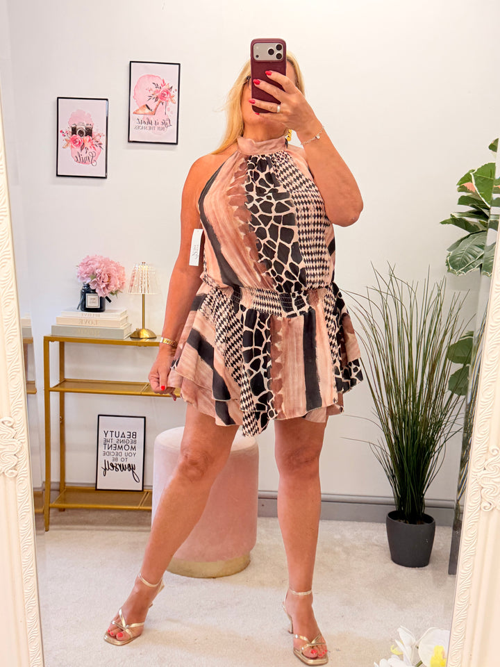 Ladies Animal Print Halter Neck Playsuit - Blue & Black