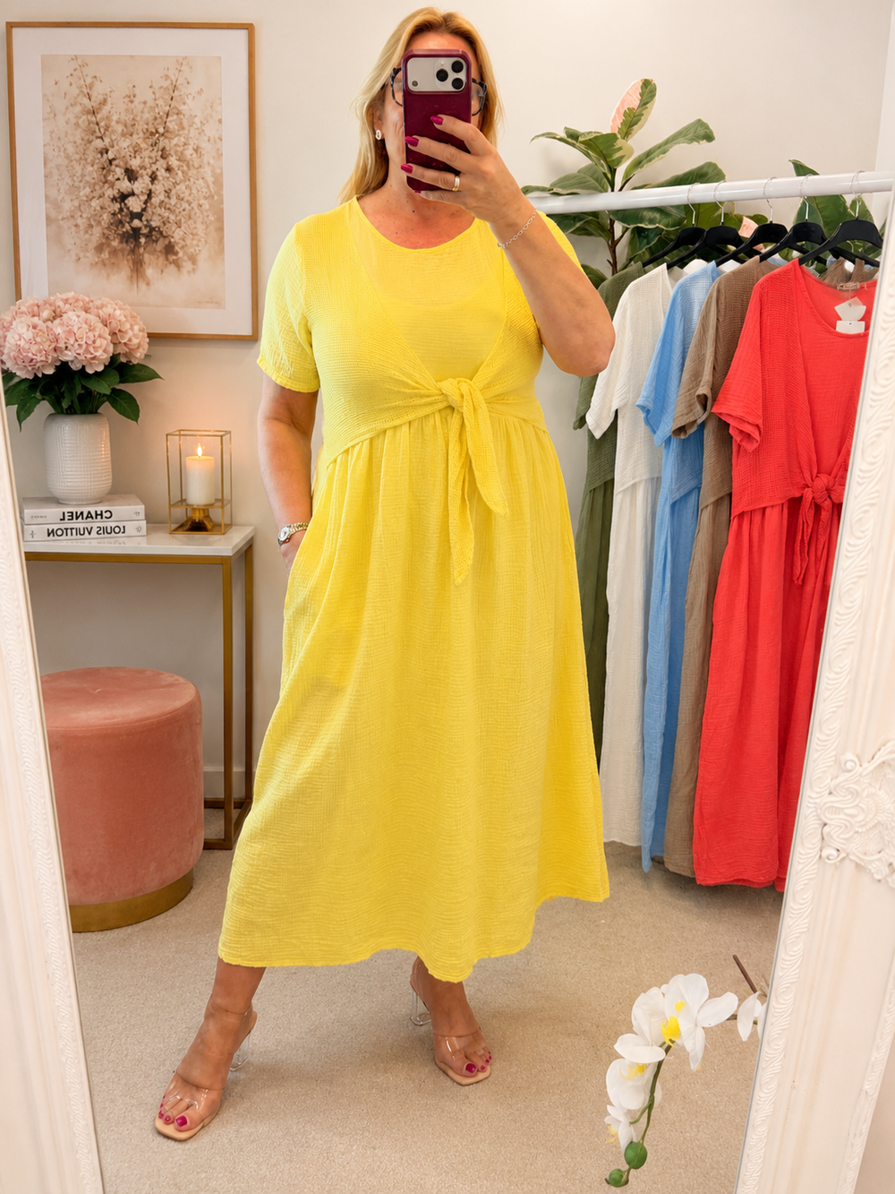 Ladies Cheesecloth Summer Midi Dress - Lemon, Khaki, Coral, White, Lemon, Blue