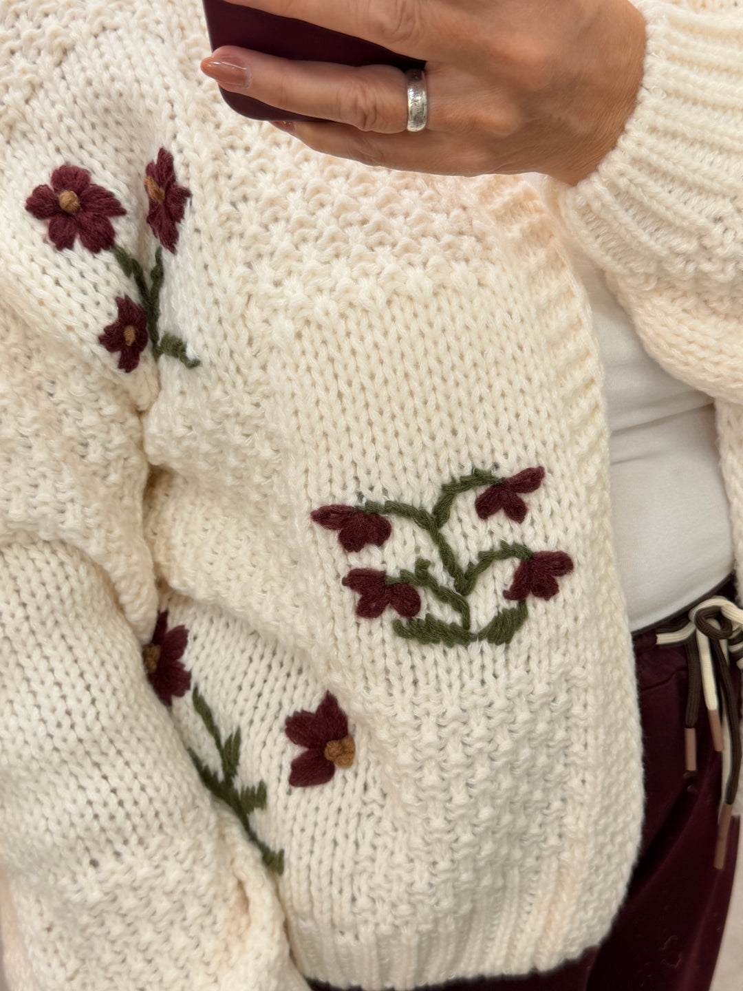 Ladies Fashion Cream Chunky Knit Embroidered Cardigan