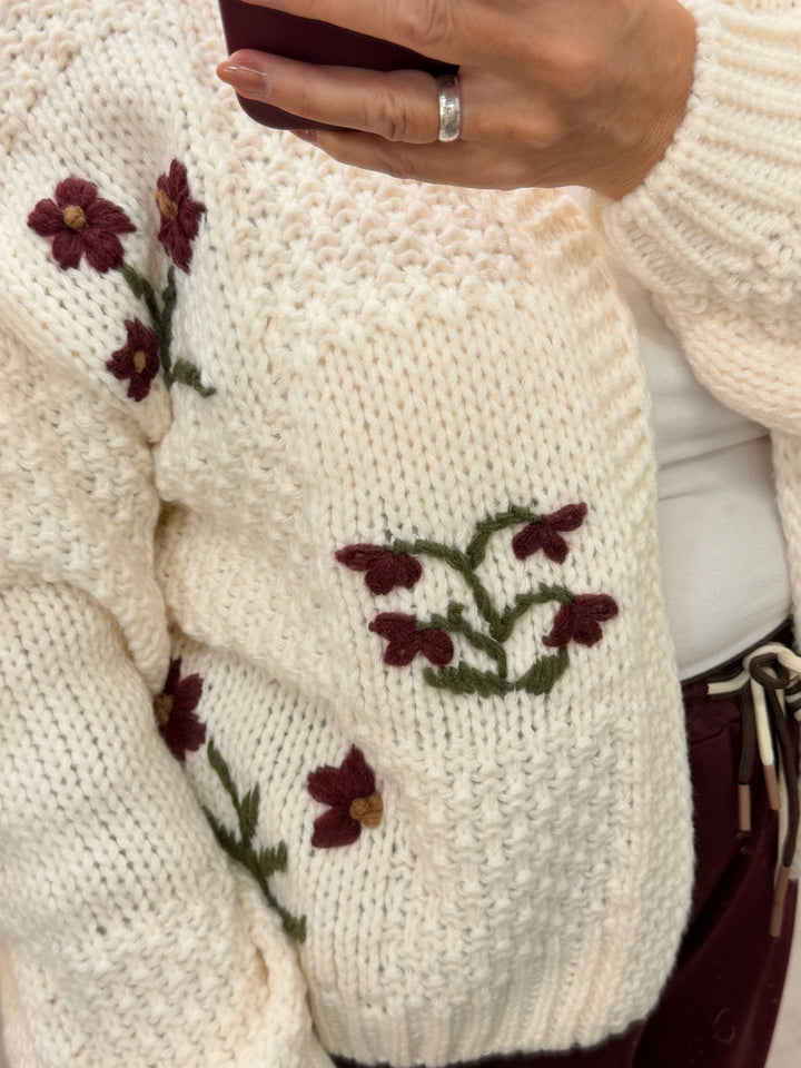 Ladies Fashion Cream Chunky Knit Embroidered Cardigan