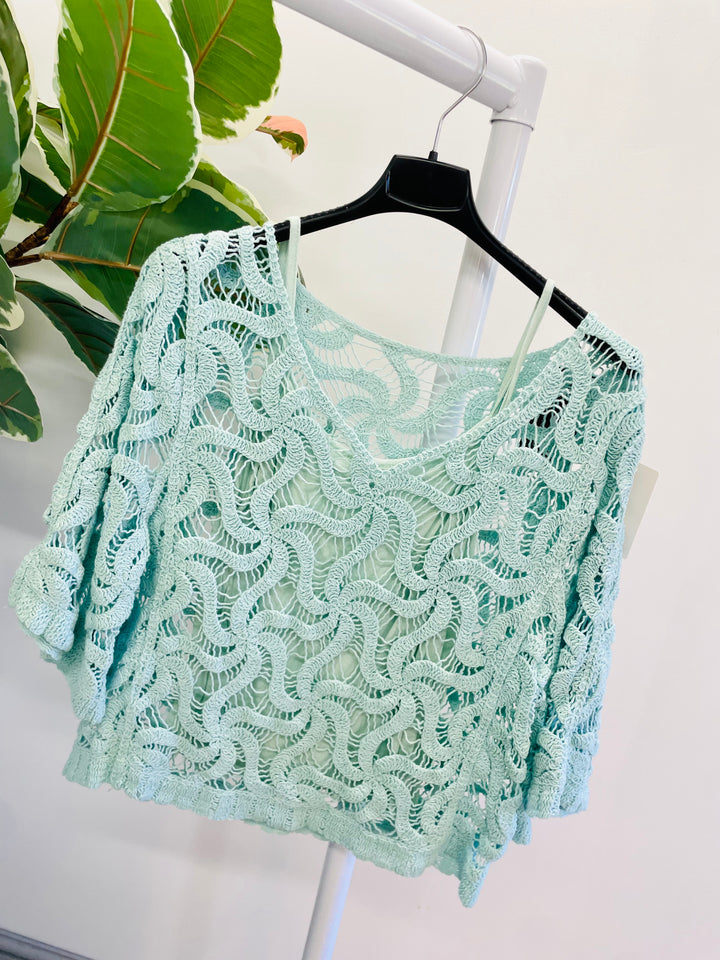 LADIES WOMENS CROCHET TOP - PINK, WHITE, BLACK, MINT, BLUE, YELLOW & MINT