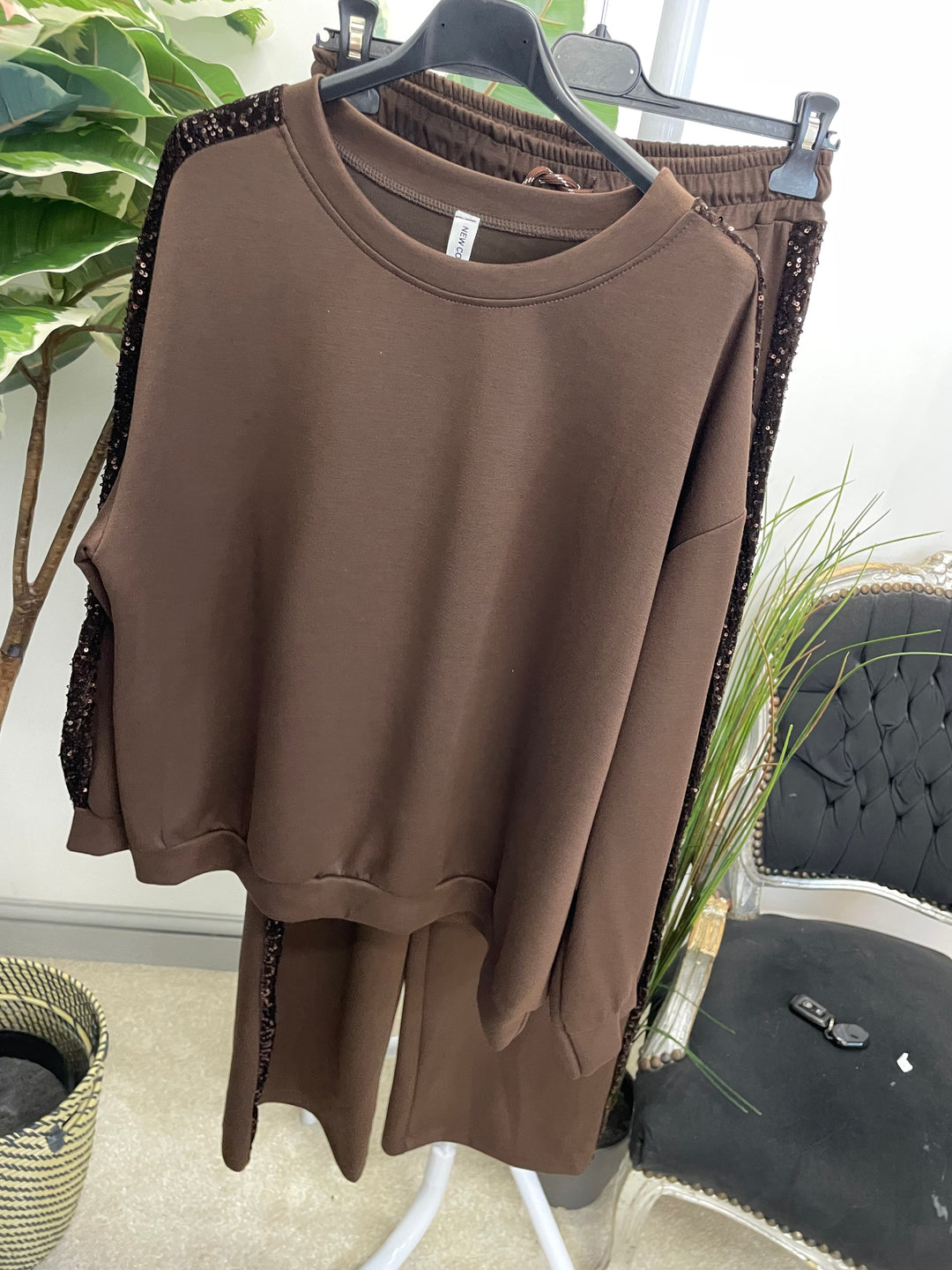 LADIES SEQUIN SCUBA WIDE LEG TROUSER CO ORD SET - BROWN, BLACK, NAVY