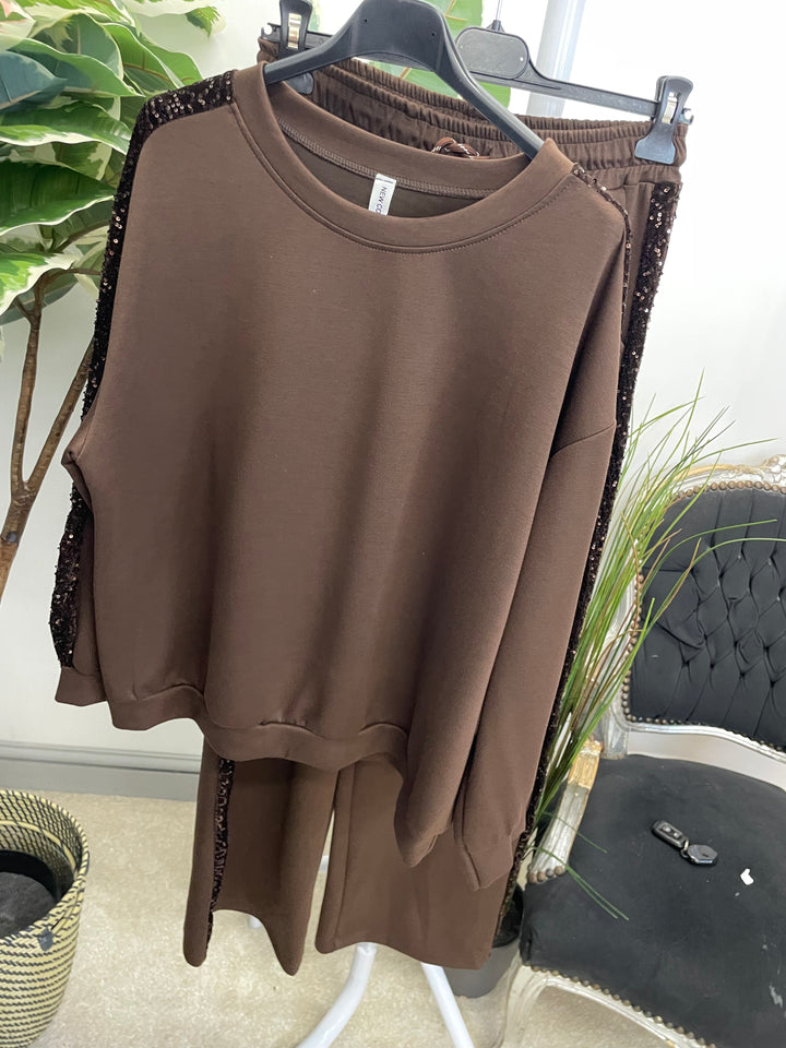LADIES SEQUIN SCUBA WIDE LEG TROUSER CO ORD SET - BROWN, BLACK, NAVY