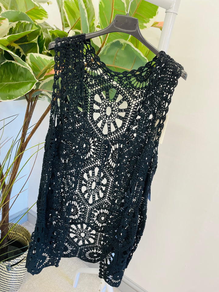 LADIES WOMENS CROCHET SLEEVELESS CARDIGAN - BLACK, WHITE, BEIGE