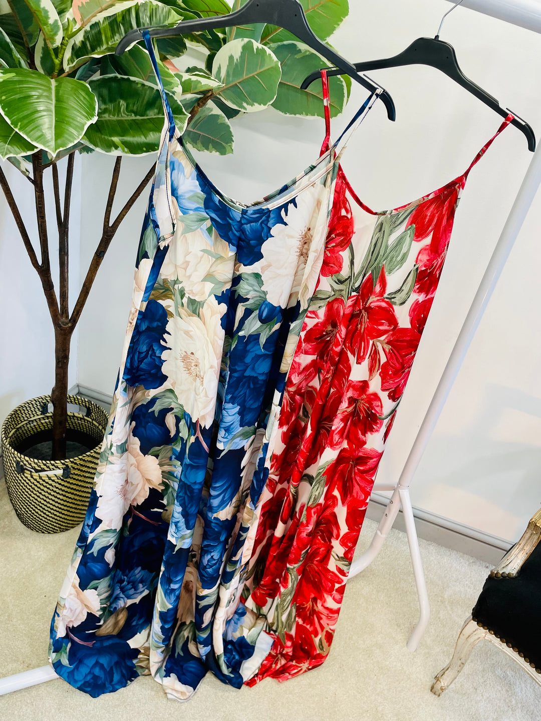 LADIES SATIN FLORAL PRINT SUMMER MAXI DRESS - RED & NAVY