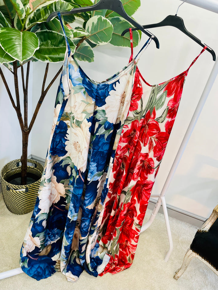 LADIES SATIN FLORAL PRINT SUMMER MAXI DRESS - RED & NAVY