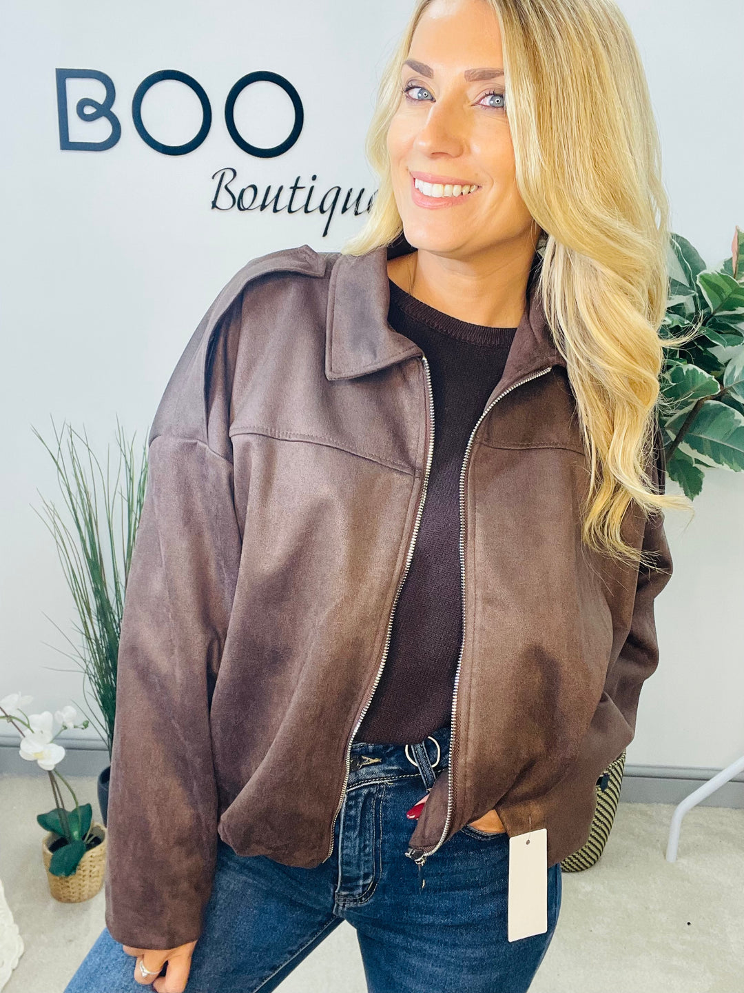 LADIES FASHION FAUX SUEDE BOMBER JACKET - BLACK, BEIGE, BROWN & BURGUNDY WINE