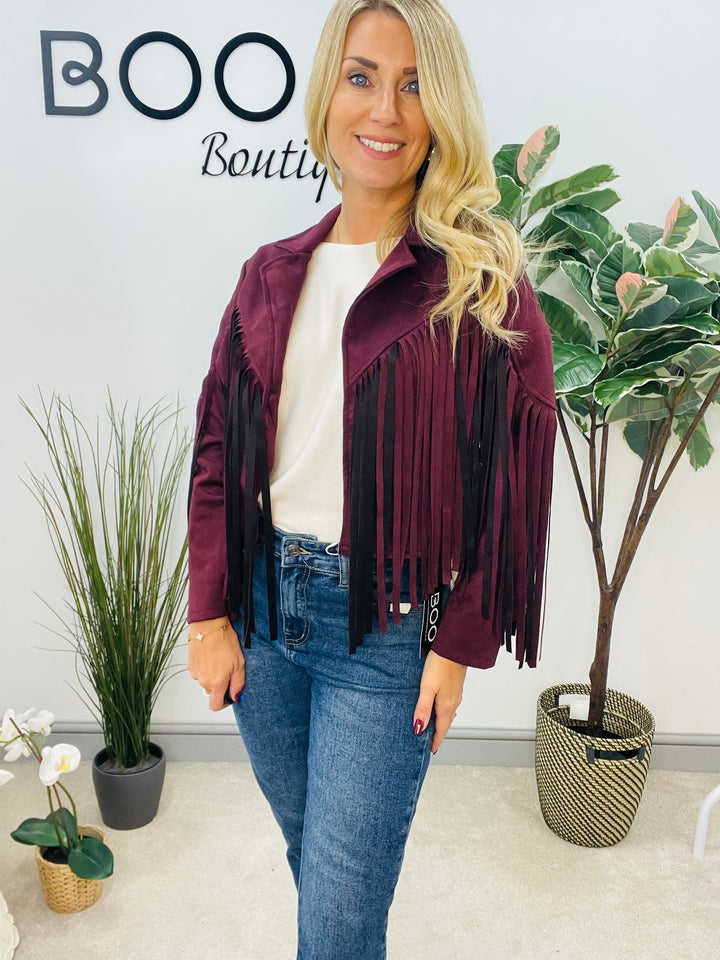 LADIES FAUX SUEDE FRINGED COWBOY BOLERO JACKET - WINE, BLACK, BEIGE & BROWN
