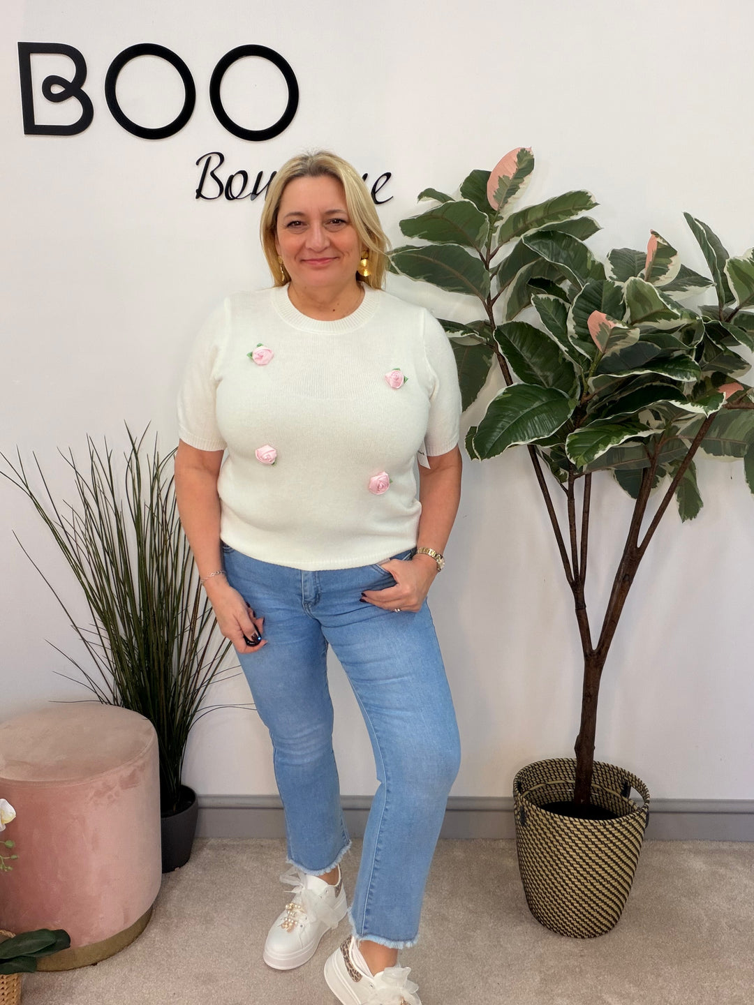 Ladies Fashion Pretty Short Sleeve Jumper - white and blue