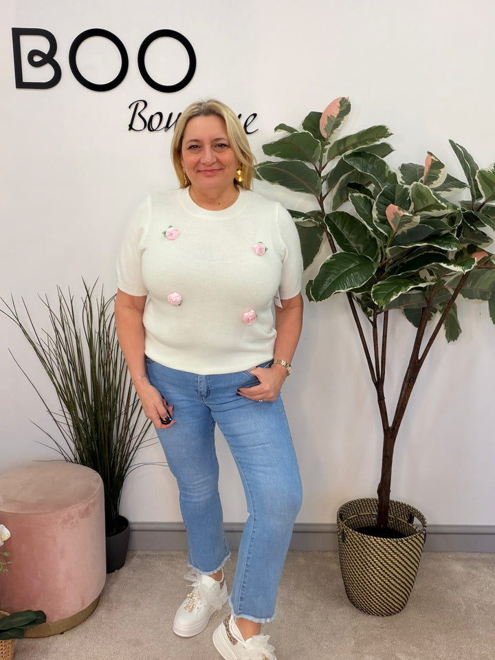 Ladies Fashion Pretty Short Sleeve Jumper - white and blue