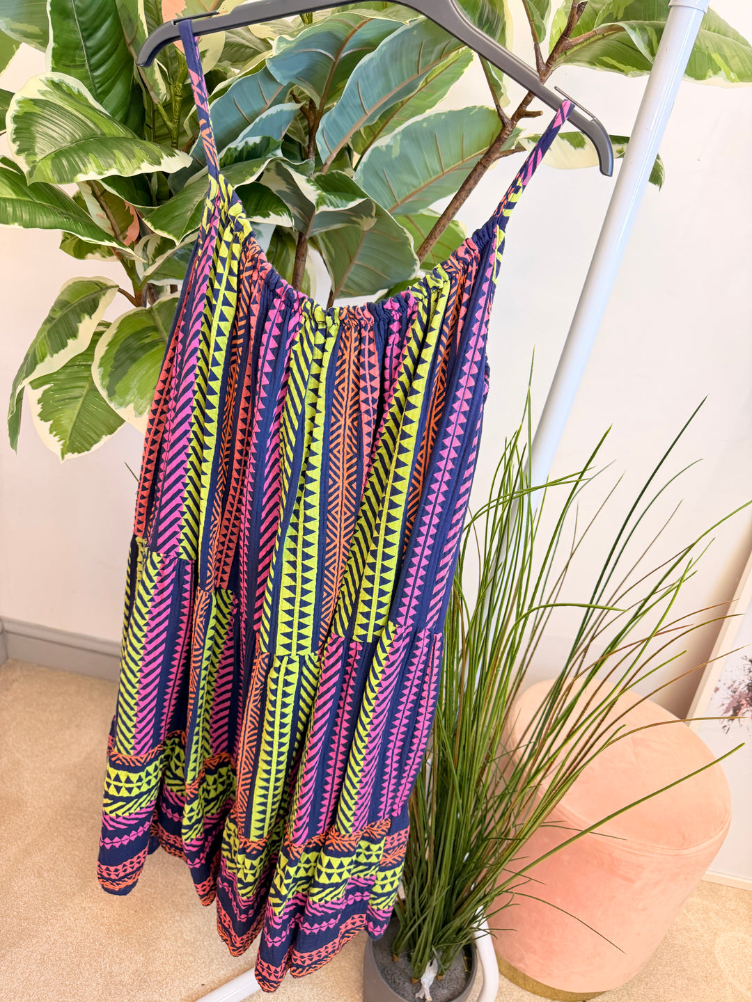 Ladies Aztec Print Cheesecloth Summer Sun Dress - Pink & Navy