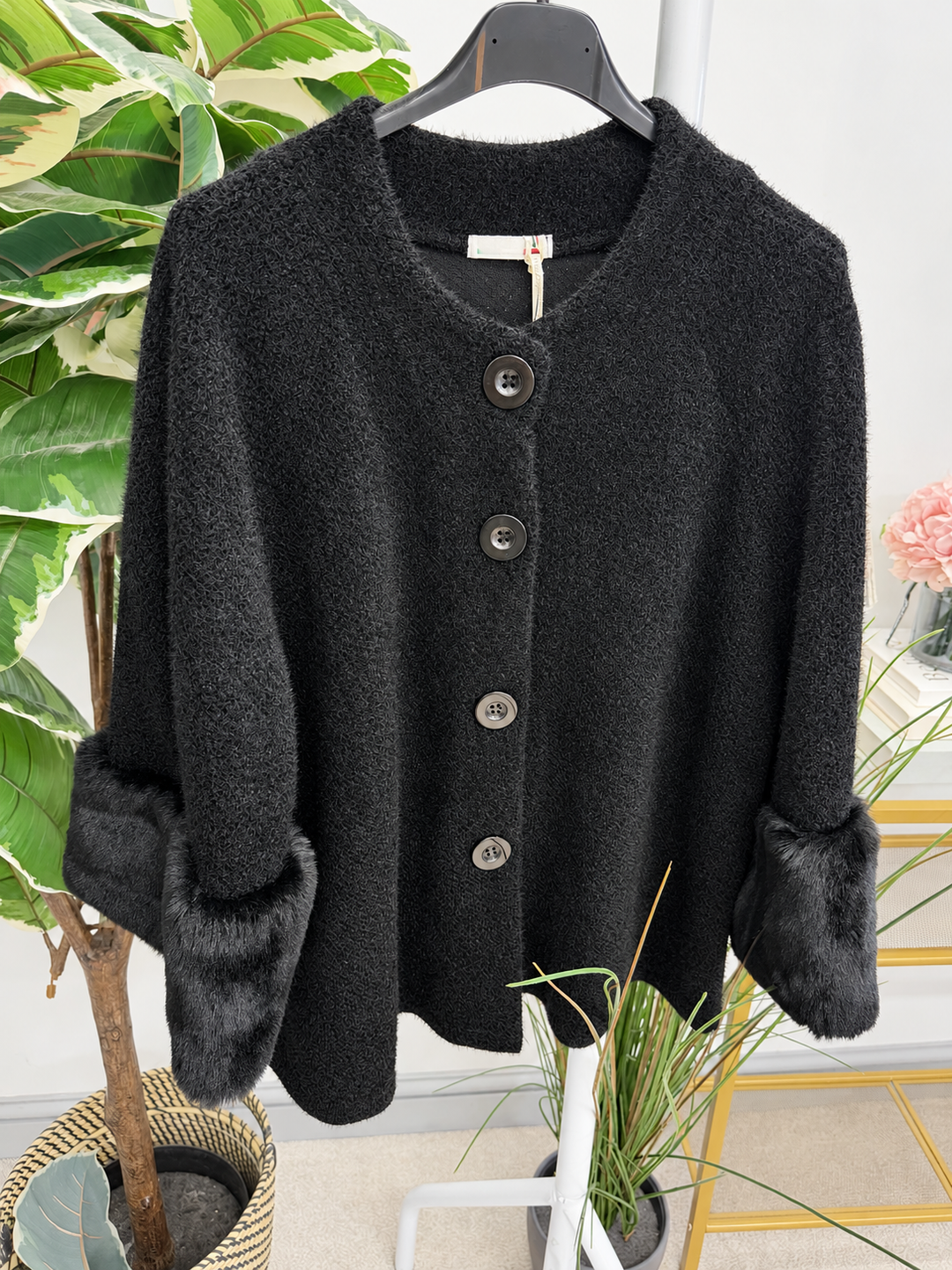 Women's chenille faux fur cuff cape jacket - black, cream, khaki & brown