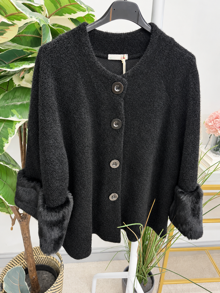 Women's chenille faux fur cuff cape jacket - black, cream, khaki & brown