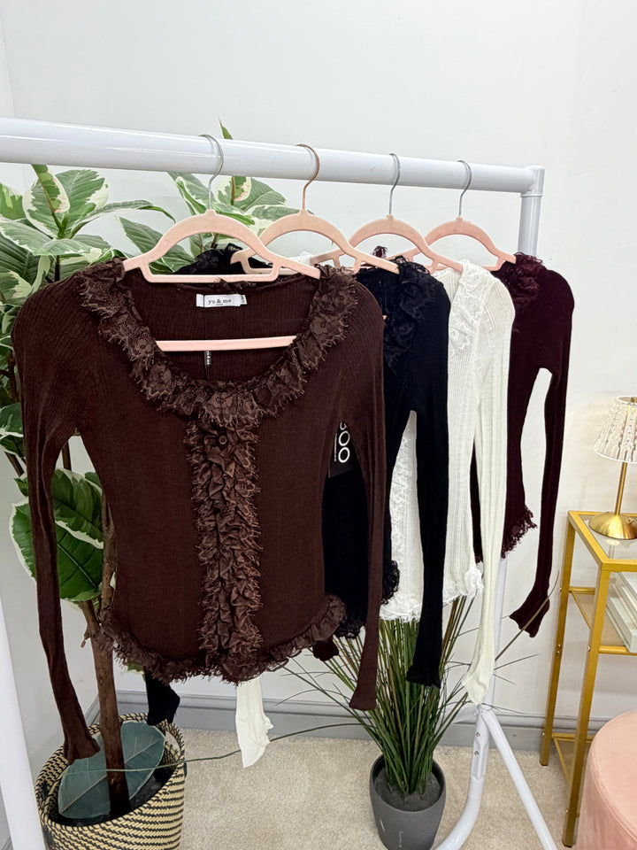 Ladies Fashion Fitted Frill Cardigan Top - Black, White, Brown & Wine
