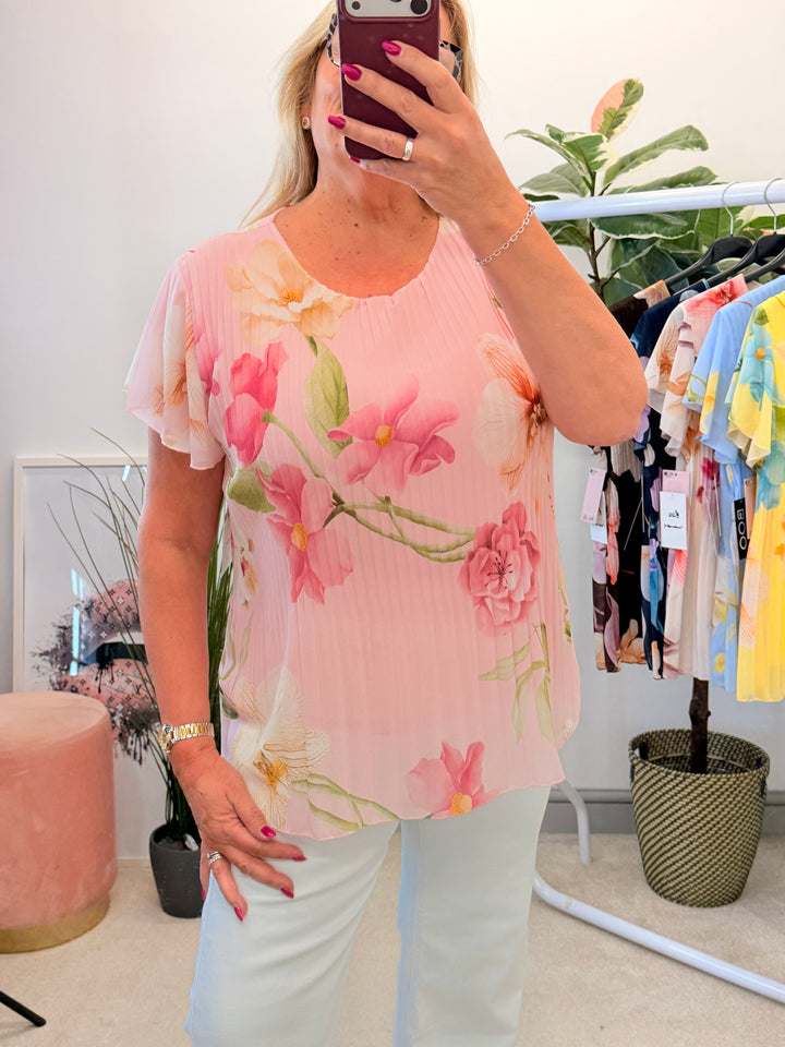 Ladies Pleated Floral Print Chiffon Top - Black, Cream, Blue, Lemon, Pink, Navy, Brown