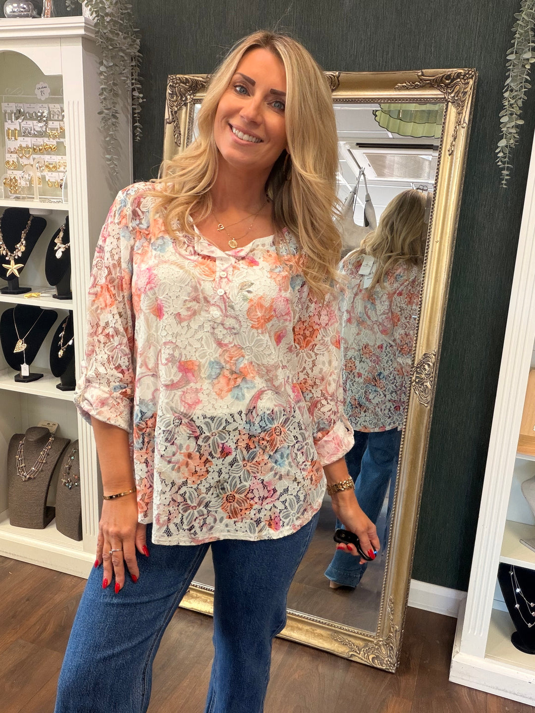 Ladies Lace Grandad Top - Khaki, Pink, Beige & White