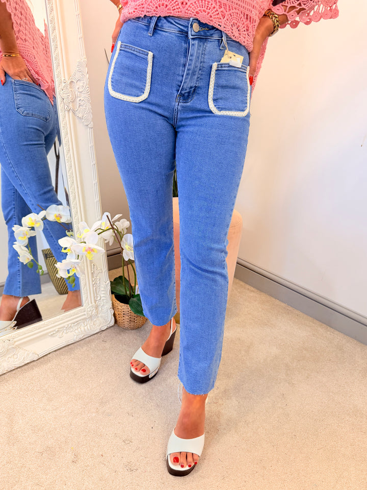 Ladies Fashion Front Pocket Blue Denim Ankle Grazer Jeans