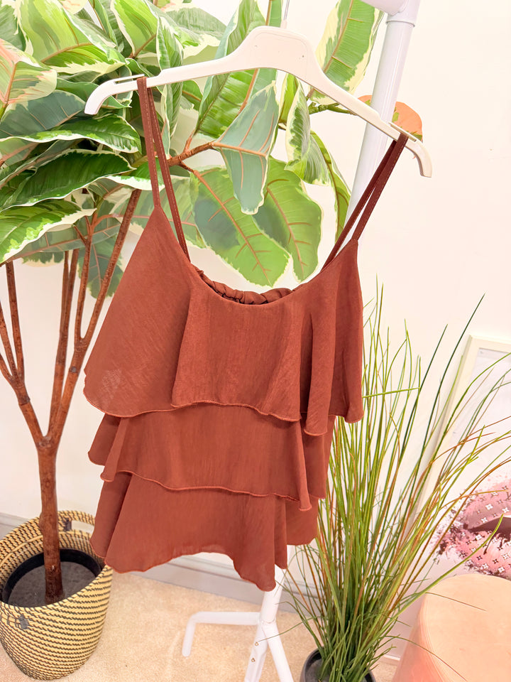 Ladies Frill Strappy Cami Top - Rust, Brown, Pale Blue, Khaki & Navy