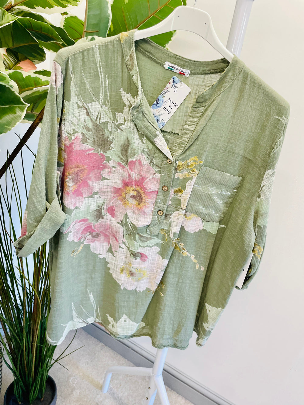LADIES LIGHT LINEN FLORAL SUMMER TOP - PINK, WHITE, KHAKI, NAVY, YELLOW