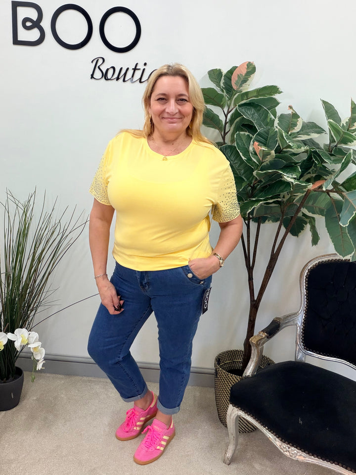 LADIES FASHION DIAMANTE T SHIRT - BLACK, WHITE & YELLOW