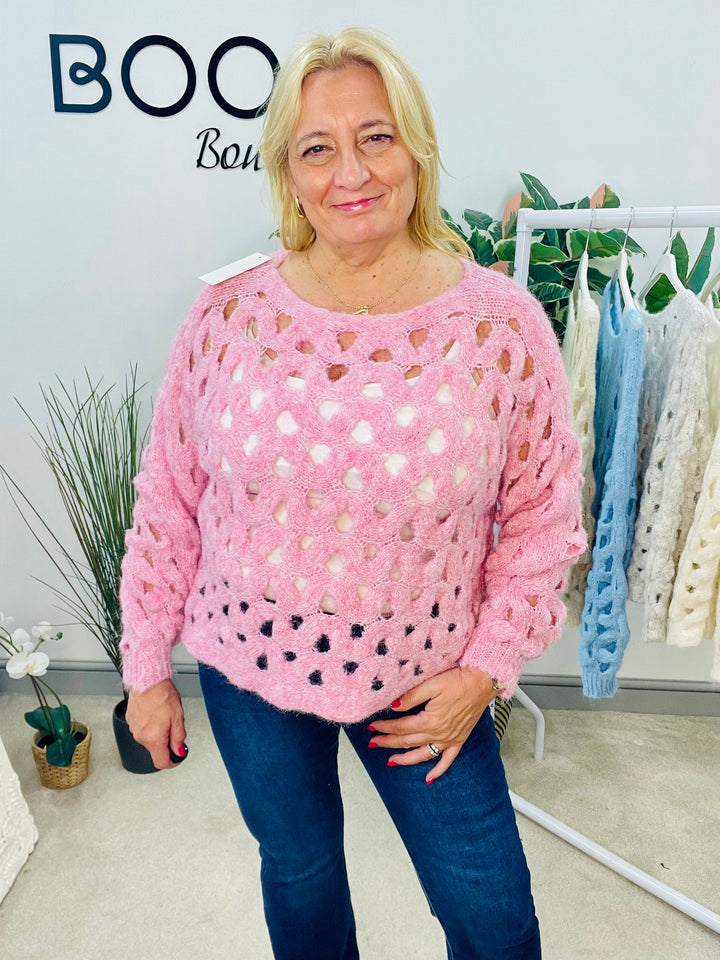 LADIES HOLEY BOX STYLE JUMPER - BLUE, BEIGE, CREAM, PINK & GREY