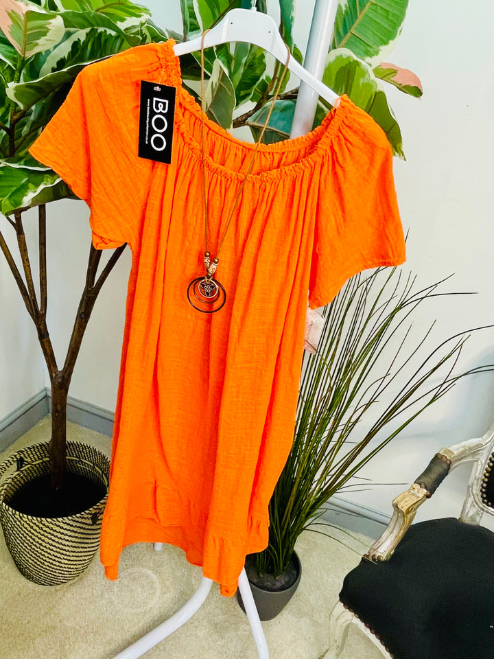 LADIES COTTON SUMMER BARDOT DRESS - BLACK, NAVY, PINK, LEMON, ORANGE, BLUE & LIME