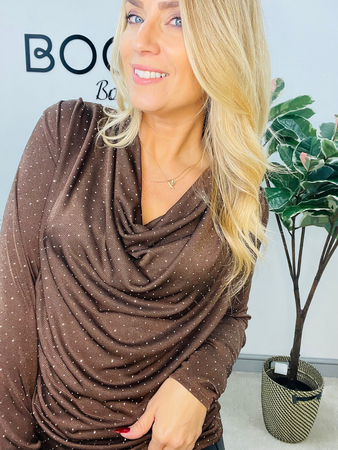 LADIES SPARKLY FESTIVE COWL NECK TOP - GREEN, NAVY, BLACK, BROWN