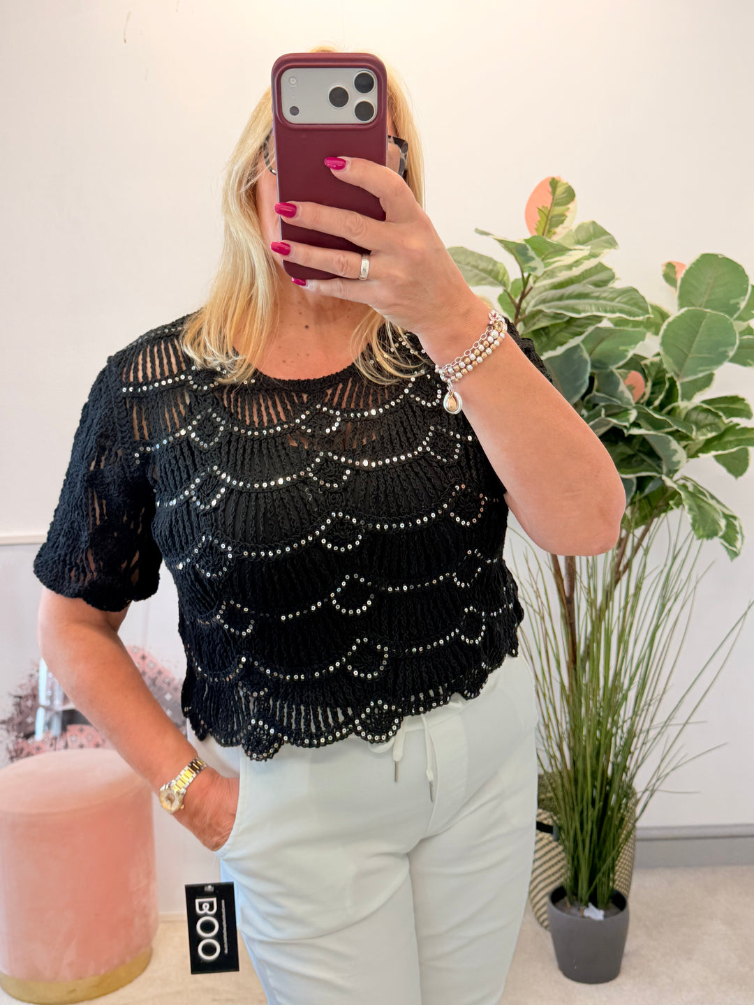 Ladies Sparkly Crochet Bolero Top - Black & White
